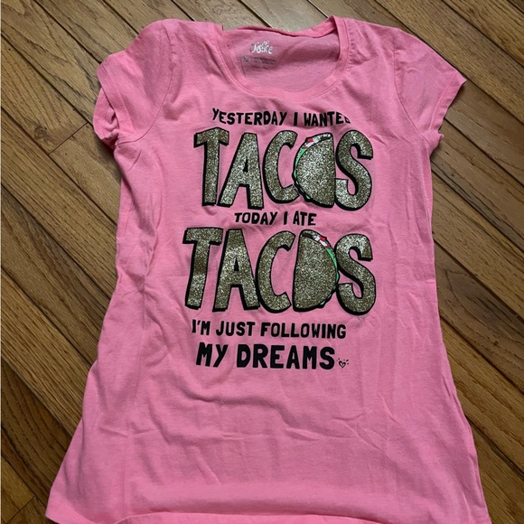 Justice 💕 Girls Taco 🌮 Tee Size 12 Hot Pink Neon Glitter T. Shirt - Picture 3 of 10